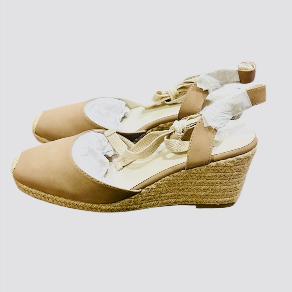 Oasis Society Espadrille Wedge Size 10 Cedar Wood Closed Toe Lace Up Open Back - Picture 6 of 14